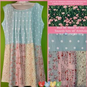 L-1X LILY BY FIRMIANA POWDER BLUE/POLKA DOT & MIXED FLORAL TUNIC DRRSS/TUNIC EUC